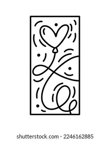 Globo de composición vectorial de San Valentín con corazón. Logotipo del constructor de vacaciones de amor dibujado a mano en marco vertical rectangular para tarjeta de saludo, invitación de diseño web.