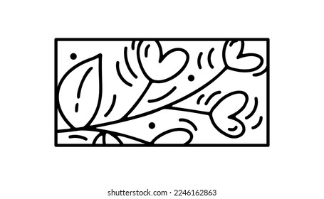Valentine vector composition branch with hearts. Hand drawn love holiday constructor logo in rectangle horizontal frame for greeting card, web design invitation.