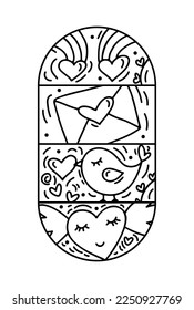 Valentine vector composition constructor bird, glasses letter and hearts. Hand drawn love holiday logo in round frame for greeting card, web design invitation.