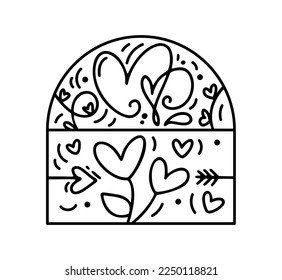 Valentine vector composition constructor flower with leaves and hearts. Hand drawn love holiday logo in half round frame for greeting card, web design invitation.