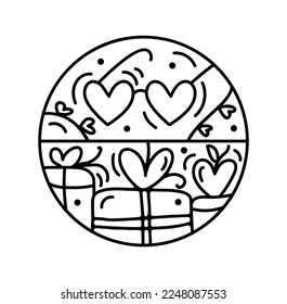 Valentine vector composition constructor gift box and glasses with hearts. Hand drawn love holiday logo in round frame for greeting card, web design invitation.