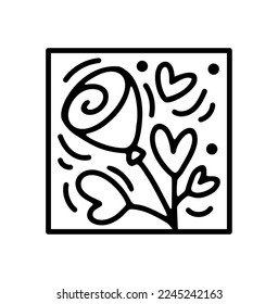 Valentine vector composition flower with hearts. Hand drawn love holiday constructor logo in square horizontal frame for greeting card, web design invitation.