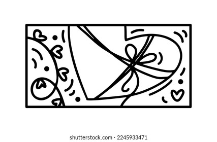 Valentine vector composition gift box in form of heart. Hand drawn love holiday constructor logo in rectangle horizontal frame for greeting card, web design invitation.