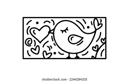 Valentine vector composition happy bird and hearts. Hand drawn love holiday constructor logo in rectangle horizontal frame for greeting card, web design invitation.