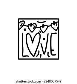 Valentinische Vektorzusammensetzung liebt Text mit Herz. Handgezeichnetes Liebesferien-Konstruktor-Logo in quadratischem Rahmen für Grußkarte, Web-Design-Einladung.