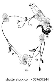 Valentine vector frame with bird and hibiscus in black and white colors