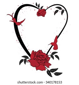 valentine vector frame with roses and hummingbird in black and red colors