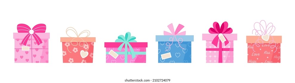 Valentine vector gift boxes with ribbons isolated on white background. 14 February presents illustration set. Great for decorations, graphic element, cards, sale, banners, gift certificates.