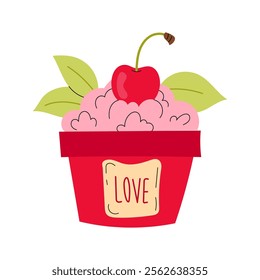 Valentine vector hand drawn illustration. Ice cream, yogurt, whipped cream with cherry flavor. Ripe cherries.