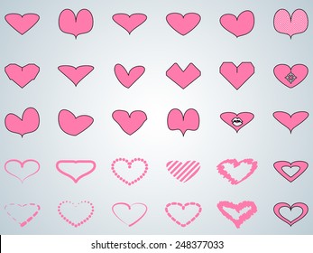 Valentine vector hearts in pink color, thirty different shapes