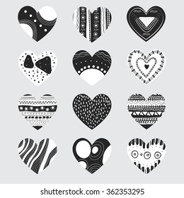 Valentine vector icon template set. Black and white pattern with hearts for posters, greeting cards, flyers and banner, web designs. Anniversary, holiday, wedding, valentine, party invitations. 