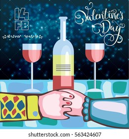 Valentine Vector illustration of greeting card happy Valentines day two lovers for a romantic dinner with wine on Valentine's day  background, Valentine card