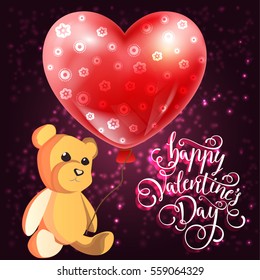 Valentine vector illustration of happy Valentine Day with cute Teddy bear toy and a balloon in the shape of a heart with pattern, valentines day, Valentine background Teddy bear toy