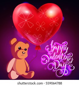 Valentine vector illustration of happy Valentine Day with cute Teddy bear toy and a balloon in the shape of a heart with pattern, valentines day, Valentine background Teddy bear toy