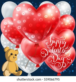 Valentine vector illustration of happy Valentine Day with cute Teddy bear and a balloons in the shape of a heart with pattern, valentines day, Valentine background Teddy