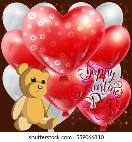 Valentine vector illustration of happy Valentine Day with cute Teddy bear and a balloons in the shape of a heart with pattern, valentines day, Valentine background Teddy