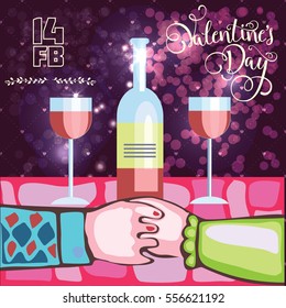Valentine vector illustration of happy Valentine's Day,with a picture of two lovers sitting at a table for a romantic dinner with a bottle of wine and glasses,Valentine's Day  background, card