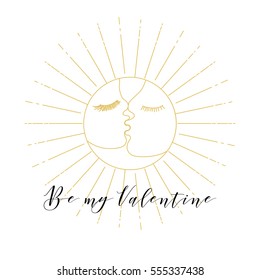 Valentine vector illustration with a kissing couple outline, sunburst rays and inscription