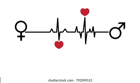 Valentine Vector Illustration. Love Hearts, EKG Line. Woman And Man Love. Valentine's Day Card. 