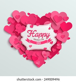 Valentine vector illustration postcard, romantic text on pink paper hearts background