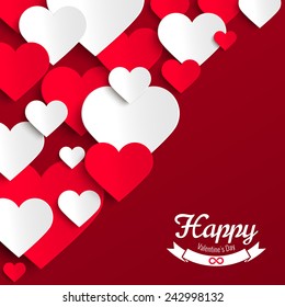 Valentine vector illustration, red and white paper hearts on red background, greeting card