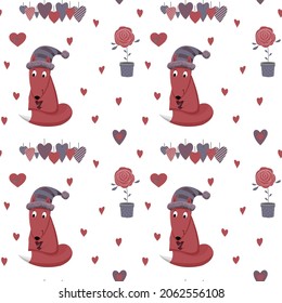 Valentine vector pattern with roses, hearts and cute fox. Suitable of the valentine cards or for kids clothes print.