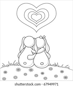 Valentine vector picture: rabbits lovers on flower meadow under heart, contour