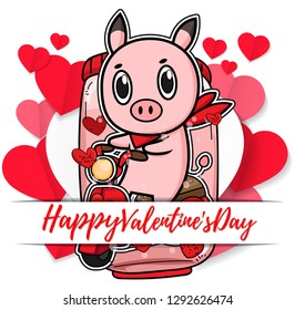 Valentine vector piglet cute cartoon ,hand drawn illustration Pig riding on a motorcycle ,Pink Pig Lover vector for Valentine day , Character piglet and red scarf on Valentine Concept.Chinese new year