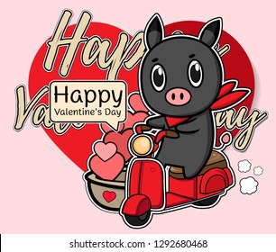 Valentine vector piglet cute cartoon ,hand drawn illustration Pig riding on a motorcycle ,blackPig Lover vector for Valentine day , Character piglet and red scarf on Valentine Concept.Chinese new year