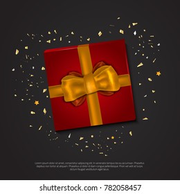 Valentine vector poster with gold glitter confetti and a shape of a heart with box and bow. Design for wedding, valentine card.