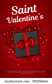 Valentine vector poster with gold glitter confetti and a shape of a heart with box and bow. Design for wedding, valentine card.