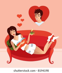Valentine vector with pretty girl dreaming about her lover