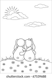 Valentine vector: rabbits enamoured on flower meadow, contours