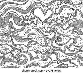 Valentine vector seamless background with handwritten heart and figured lines
