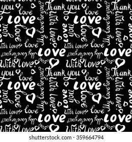 Valentine vector seamless background with Love ink lettering. Hand drawn vector illustration. White text on black background.