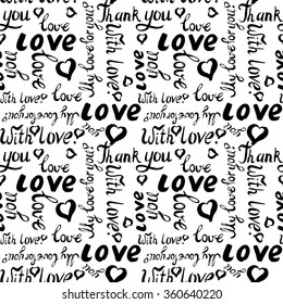 Valentine vector seamless background with Love ink lettering. Hand drawn vector illustration. Black text on white background.