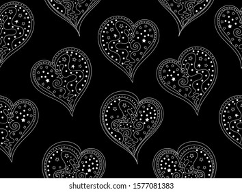 Valentine vector seamless pattern with beautiful hand drawn ornamental hearts