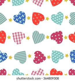 Valentine vector seamless pattern with colorful Hearts and gold Stars on white background. Best for textile, pattern fills, birthday, gift and wedding cards, wrapping paper.