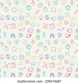 Valentine vector seamless pattern contains many different thin line icons