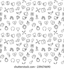 Valentine vector seamless pattern contains many different thin line icons