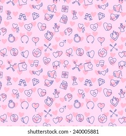 Valentine vector seamless pattern contains many different thin line icons
