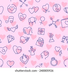 Valentine vector seamless pattern contains many different thin line icons