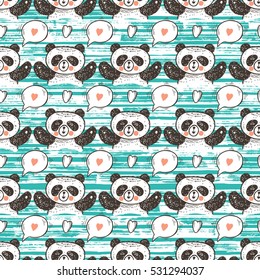 Valentine Vector Seamless pattern with Cute Baby Panda. Endless Background with Pandas, talk bubble with heart. Hand Drawn Doodle Funny Black and White Bear. 