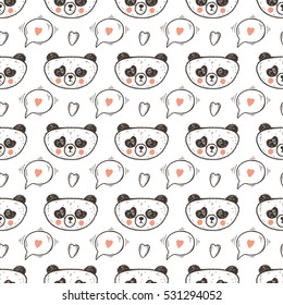 Valentine Vector Seamless pattern with Cute Baby Panda. Endless Background with Pandas, talk bubble with heart. Hand Drawn Doodle Funny Black and White Bear. 
