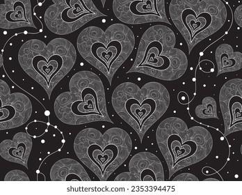 Valentine vector seamless pattern with figured hand drawn ornamental hearts