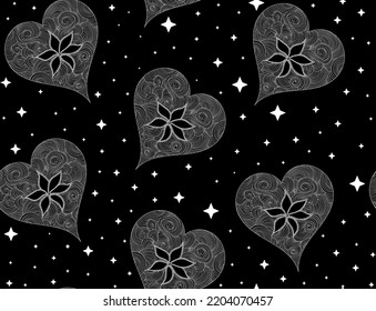 Valentine vector seamless pattern with hand drawn hearts and stars