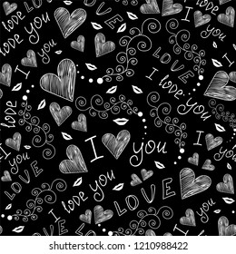 Valentine vector seamless pattern with handwritten words of love, hearts and doodles
