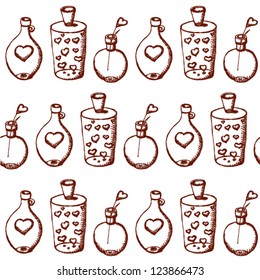 Valentine vector seamless pattern with hearts in bottles