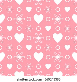 Valentine vector seamless pattern of with Hearts and flowers on pink background. Perfect for textile,pattern fills, birthday, gift and wedding cards, wrapping paper.