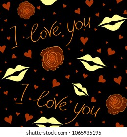 Valentine vector seamless pattern with letter, rose flower and hearts. Perfect image in yellow, black and brown colors for wallpaper, web page, textile, greeting cards and wedding invitations.